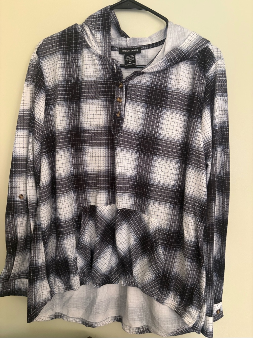 Robert Louis Black & White Plaid Hooded Henley Top